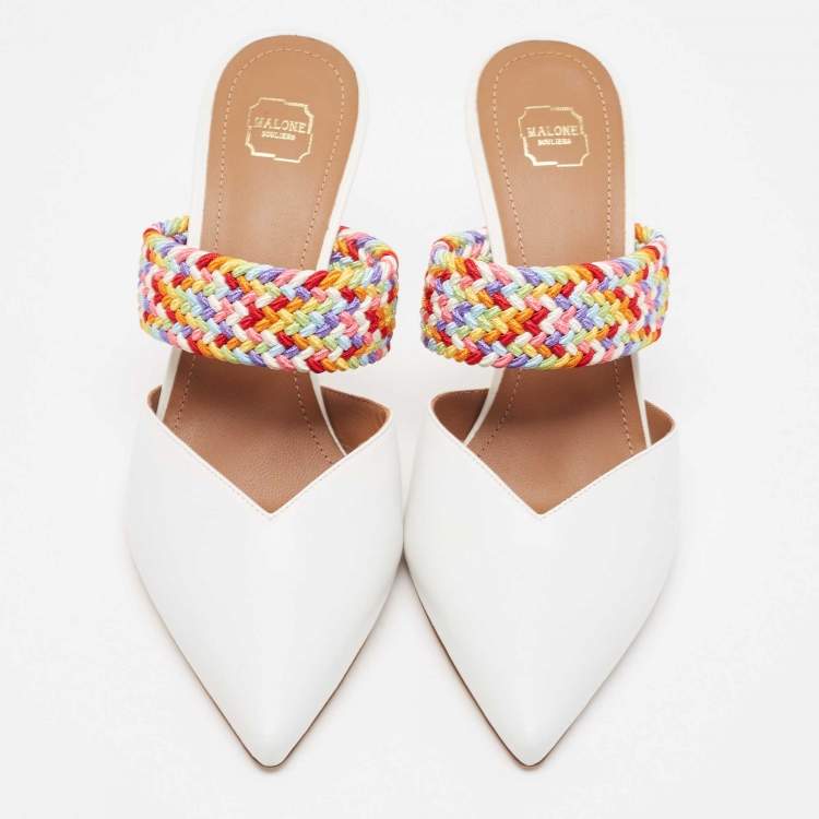 Pre Owned Malone Souliers White/Multicolor Leather and Woven Fabric Maisie Mules Size 39