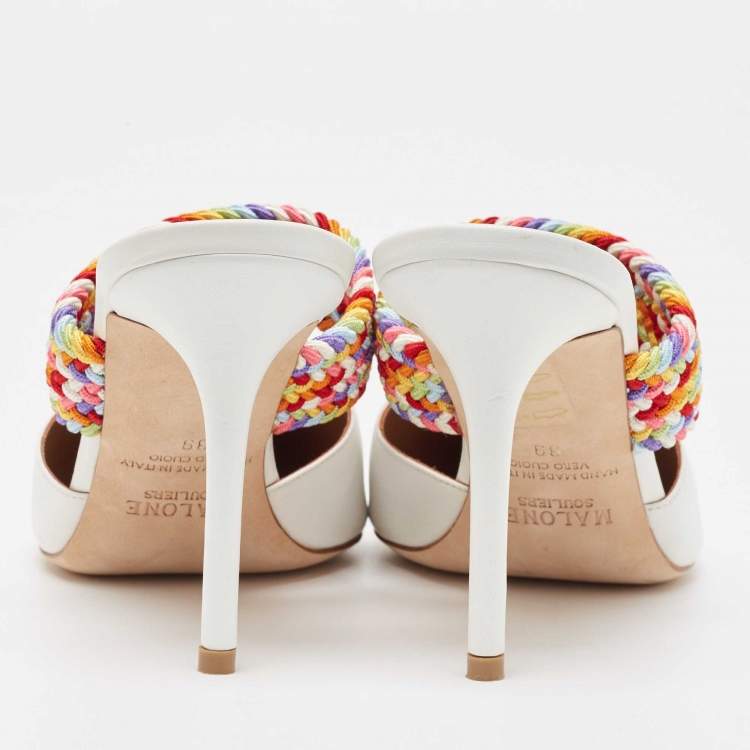 Pre Owned Malone Souliers White/Multicolor Leather and Woven Fabric Maisie Mules Size 39