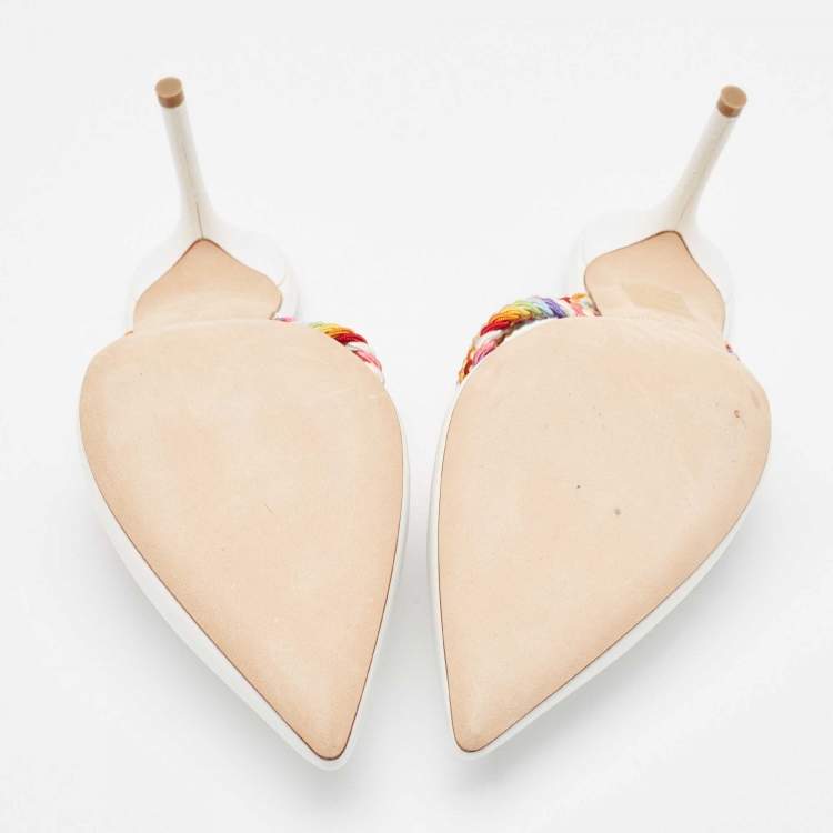 Pre Owned Malone Souliers White/Multicolor Leather and Woven Fabric Maisie Mules Size 39