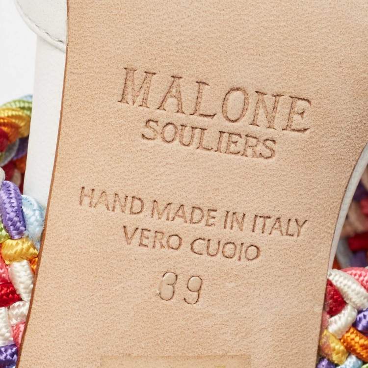 Pre Owned Malone Souliers White/Multicolor Leather and Woven Fabric Maisie Mules Size 39