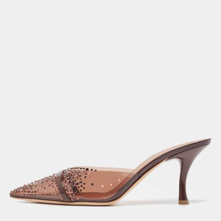 Pre Owned Malone Souliers Brown Crystal Embellished PVC Joella Mules Size 41.5