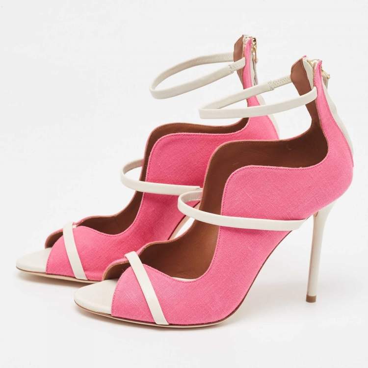 مملوكة مسبقًا Malone Souliers Pink/Cream Canvas Mika  Ankle Strap Pumps Size 38