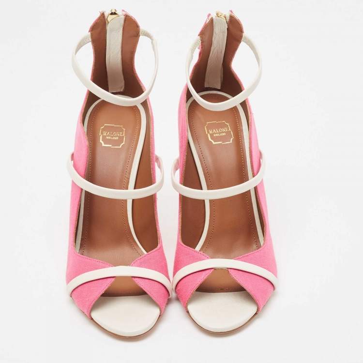 مملوكة مسبقًا Malone Souliers Pink/Cream Canvas Mika  Ankle Strap Pumps Size 38