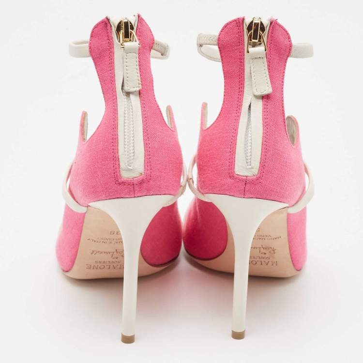 مملوكة مسبقًا Malone Souliers Pink/Cream Canvas Mika  Ankle Strap Pumps Size 38