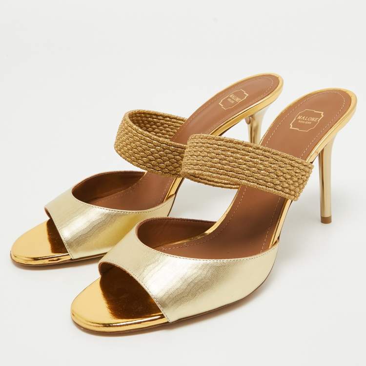 Pre Owned Malone Souliers Gold Leather and Woven Lurex  Milena Slides Size 39 
