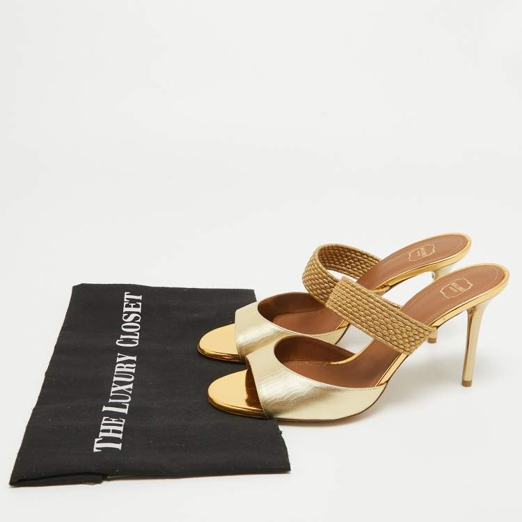 Pre Owned Malone Souliers Gold Leather and Woven Lurex  Milena Slides Size 39 
