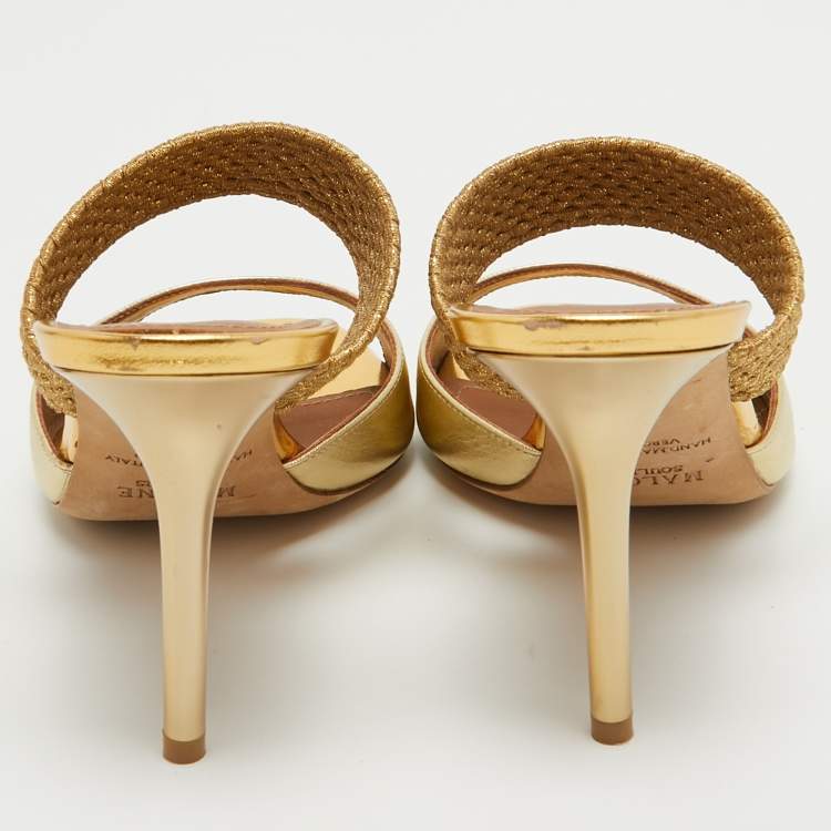 Pre Owned Malone Souliers Gold Leather and Woven Lurex  Milena Slides Size 39 