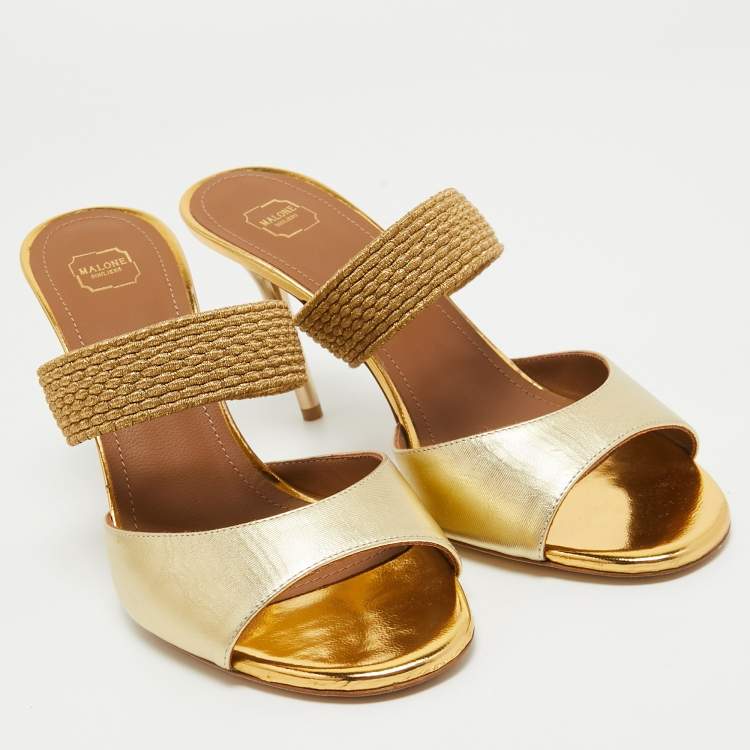 Pre Owned Malone Souliers Gold Leather and Woven Lurex  Milena Slides Size 39 