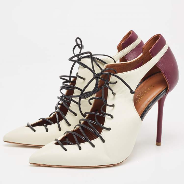 Pre Owned Malone Souliers Off White/Purple Leather Montana Lace Up Pumps Size 39.5