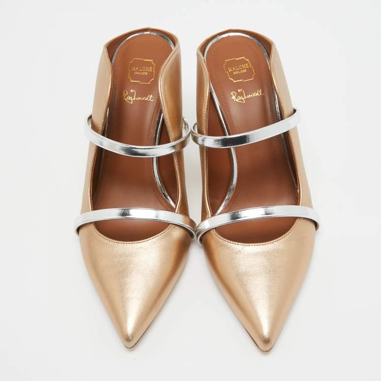 Pre Owned Malone Souliers Gold/Silver Leather Maureen Mules  Size 38 