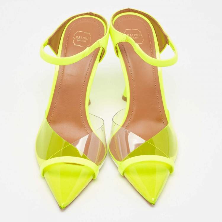Pre Owned Malone Souliers Neon Yellow PVC and Patent Leather Iona Mules Size 38.5