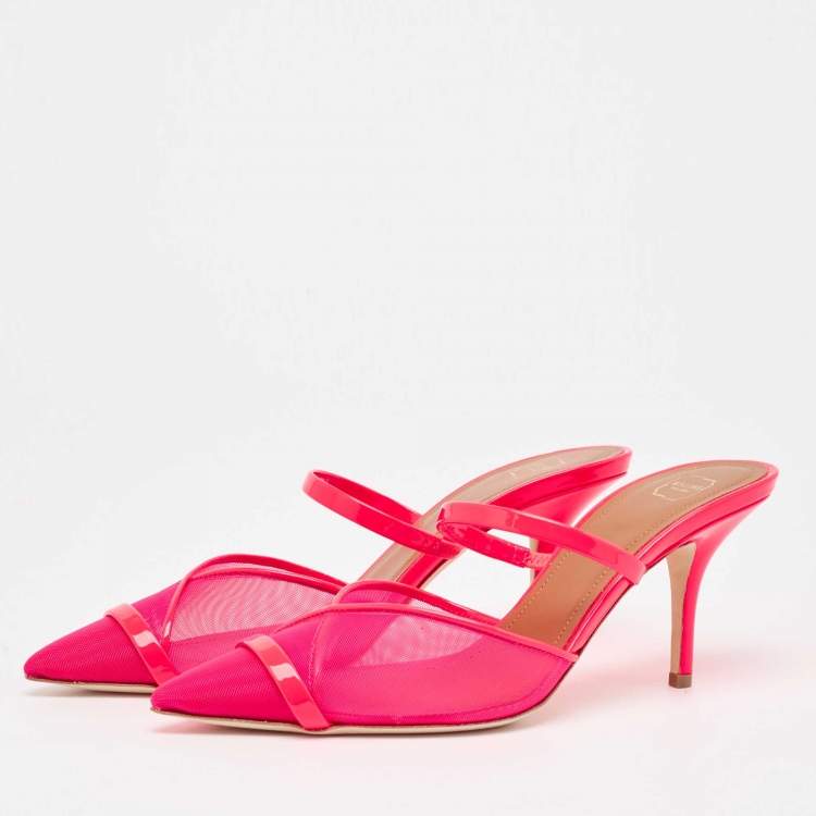 Pre Owned Malone Souliers Neon Pink Mesh and Patent Leather Clio Mules Size 39