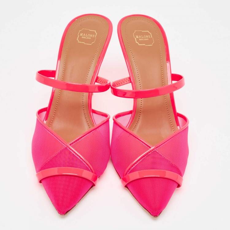 Pre Owned Malone Souliers Neon Pink Mesh and Patent Leather Clio Mules Size 39