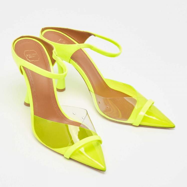 Pre Owned Malone Souliers Neon Yellow PVC and Patent Leather Iona Mules Size 38.5