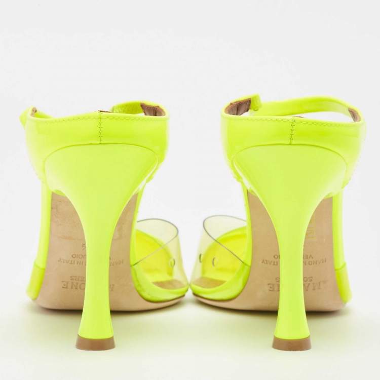 Pre Owned Malone Souliers Neon Yellow PVC and Patent Leather Iona Mules Size 38.5