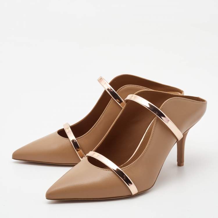 Pre Owned Malone Souliers Brown/Rose Gold Leather Maureen Mules Size 37.5