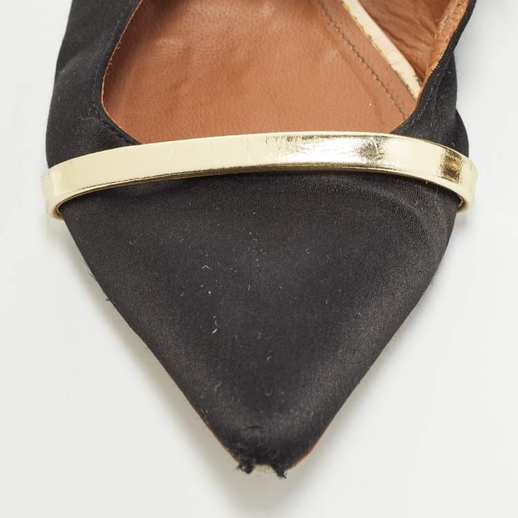 Pre Owned Malone Souliers Black/Gold Satin and Leather Maureen Flat Mules Size 38