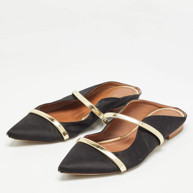 Pre Owned Malone Souliers Black/Gold Satin and Leather Maureen Flat Mules Size 38