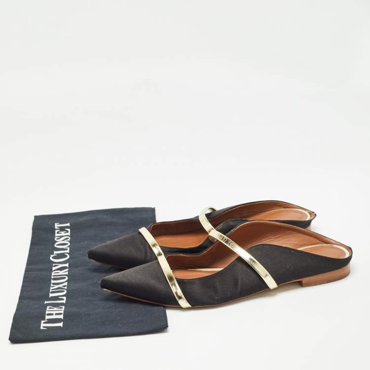 Pre Owned Malone Souliers Black/Gold Satin and Leather Maureen Flat Mules Size 38