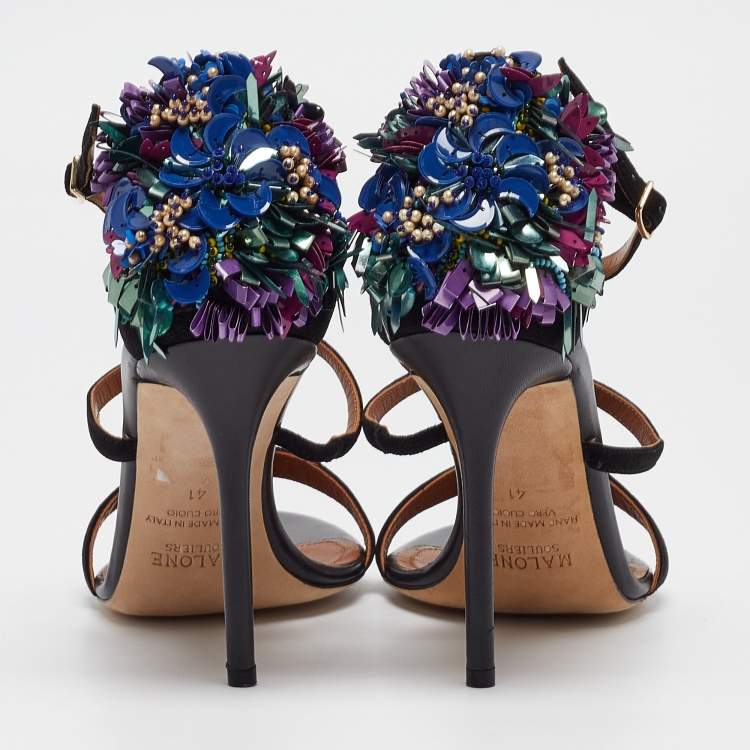 Pre Owned Malone Souliers Black Suede Floral Embellished Ankle Strap Sandals Size 41