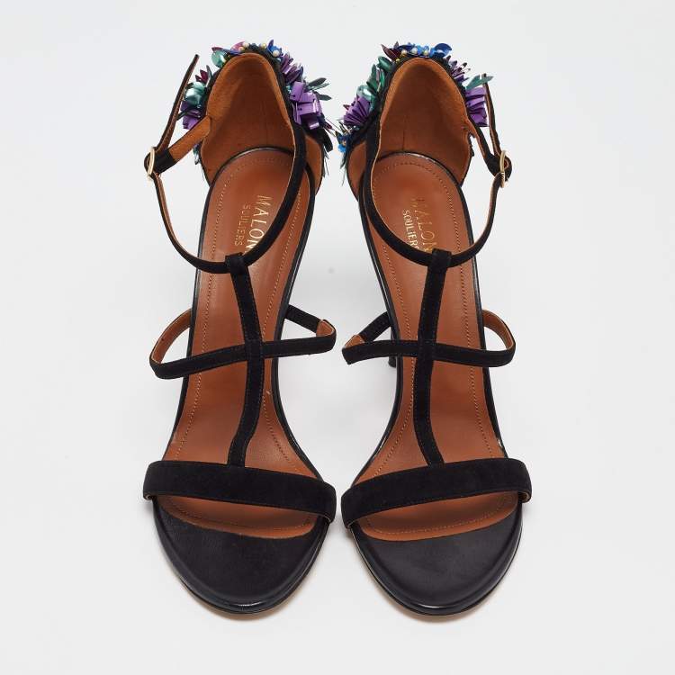 Pre Owned Malone Souliers Black Suede Floral Embellished Ankle Strap Sandals Size 41