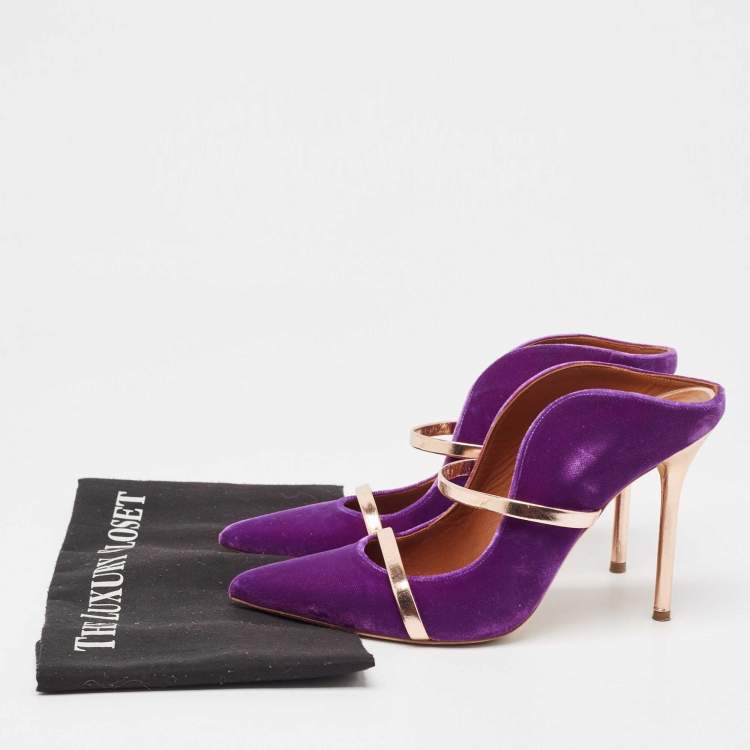 مملوكة مسبقًا Malone Souliers Purple/Rose Gold Velvet and Leather Maureen Mules Size 38.5
