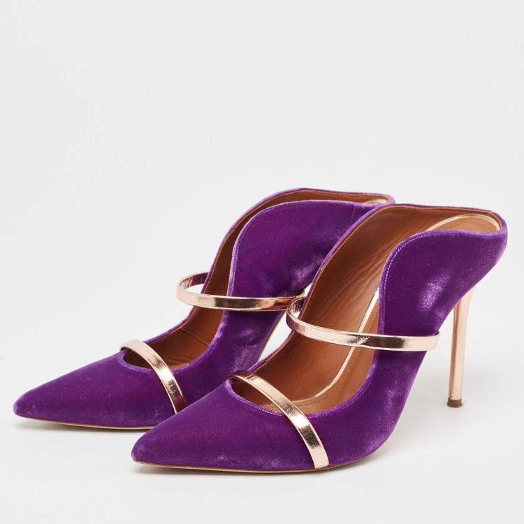 مملوكة مسبقًا Malone Souliers Purple/Rose Gold Velvet and Leather Maureen Mules Size 38.5