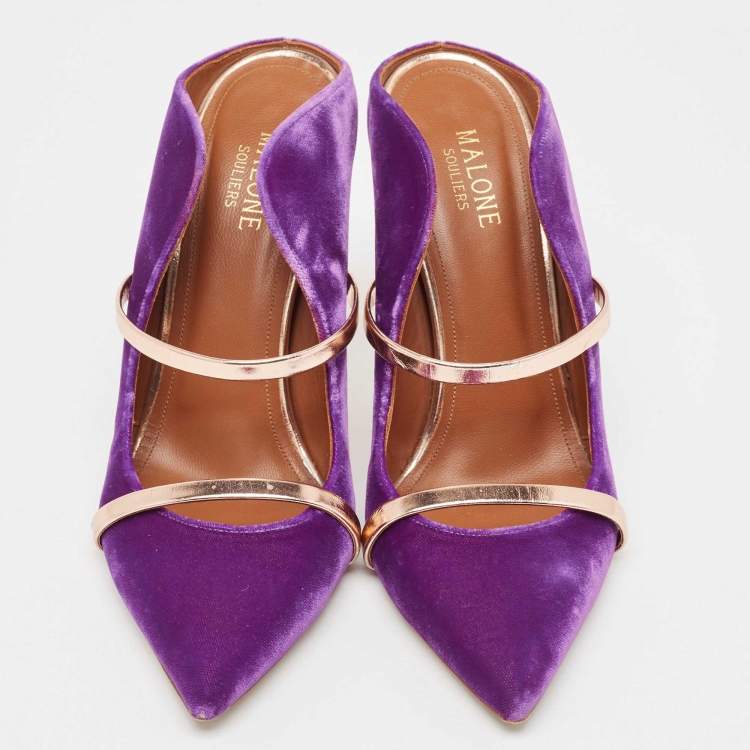 مملوكة مسبقًا Malone Souliers Purple/Rose Gold Velvet and Leather Maureen Mules Size 38.5