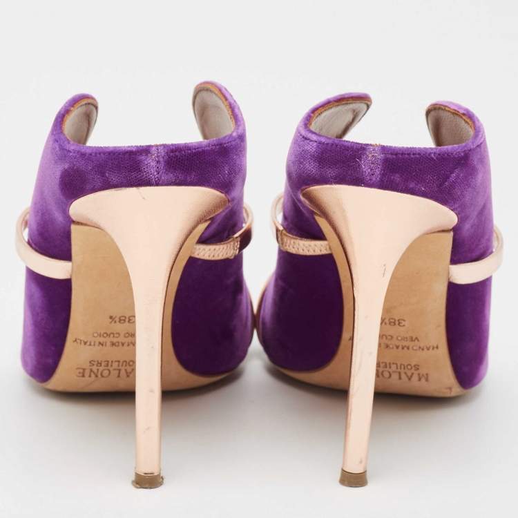 مملوكة مسبقًا Malone Souliers Purple/Rose Gold Velvet and Leather Maureen Mules Size 38.5