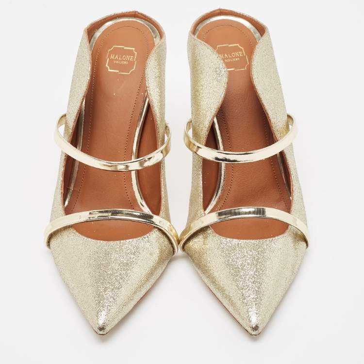 Pre Owned Malone Souliers Gold Glitter Maureen Mules Size 39