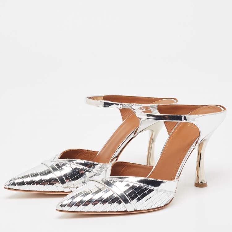 Pre Owned Malone Souliers Silver Laser Cut Leather Jil Mules Size 39