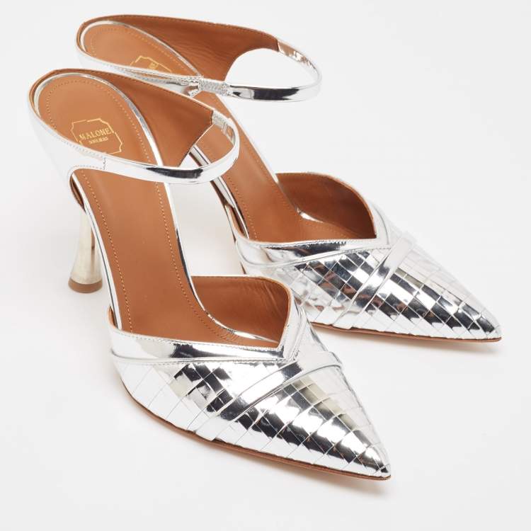 Pre Owned Malone Souliers Silver Laser Cut Leather Jil Mules Size 39