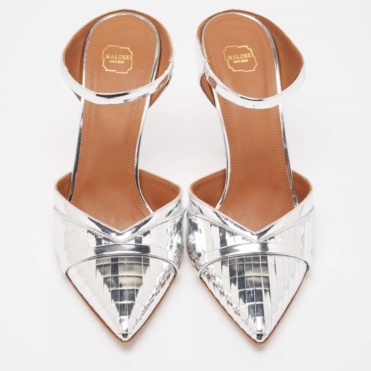 Pre Owned Malone Souliers Silver Laser Cut Leather Jil Mules Size 39
