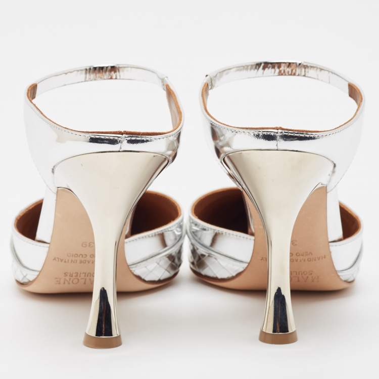 Pre Owned Malone Souliers Silver Laser Cut Leather Jil Mules Size 39