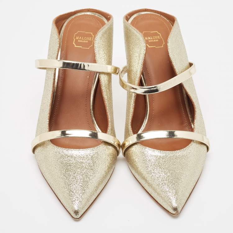 Pre Owned Malone Souliers Gold Glitter Maureen Mules Size 38