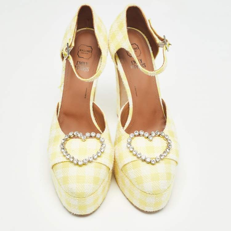 Pre Owned Malone Souliers Yellow/White Fabric Crystal Embellished Ankle Strap Sandals Size 40