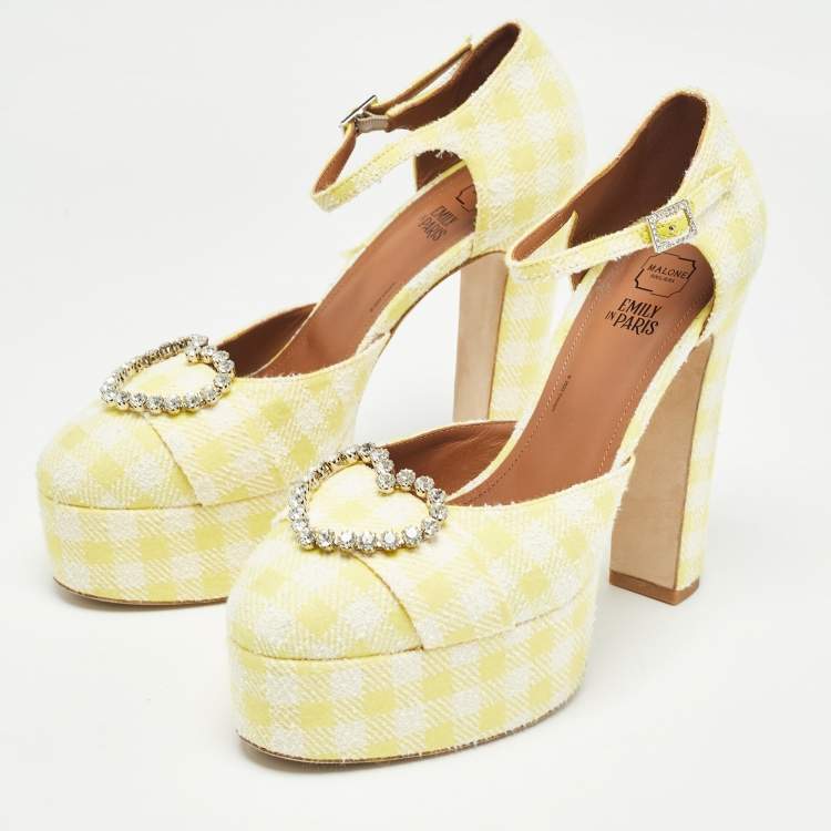 Pre Owned Malone Souliers Yellow/White Fabric Crystal Embellished Ankle Strap Sandals Size 40