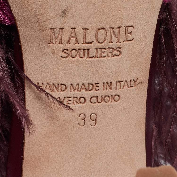 Pre Owned Malone Souliers Burgundy Velvet and Feather Slide Sandals Size 39