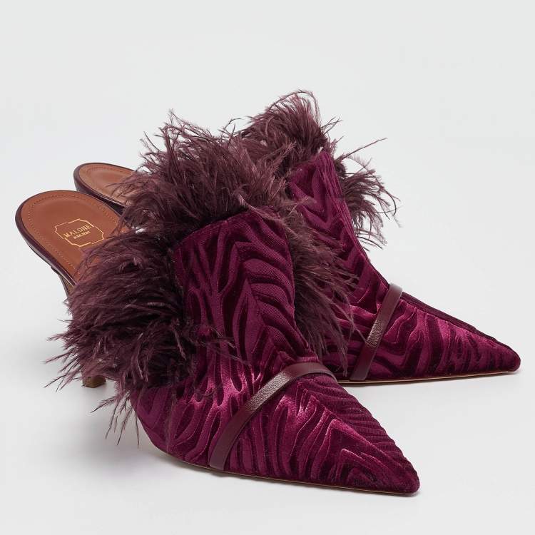 Pre Owned Malone Souliers Burgundy Velvet and Feather Slide Sandals Size 39