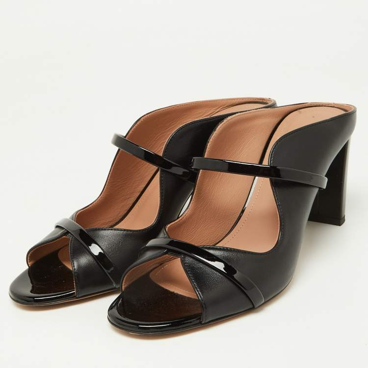 Pre Owned Malone Souliers Black Leather and Patent Leather Maureen Open Toe Block Heel Mules Size 38