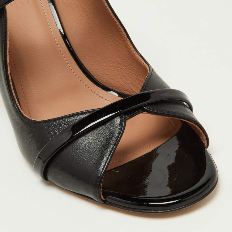 Pre Owned Malone Souliers Black Leather and Patent Leather Maureen Open Toe Block Heel Mules Size 38