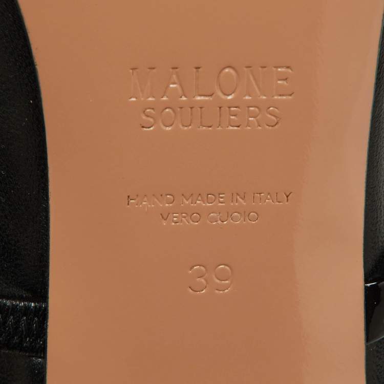 Pre Owned Malone Souliers Black Leather and Patent Leather Maureen Open Toe Block Heel Mules Size 38