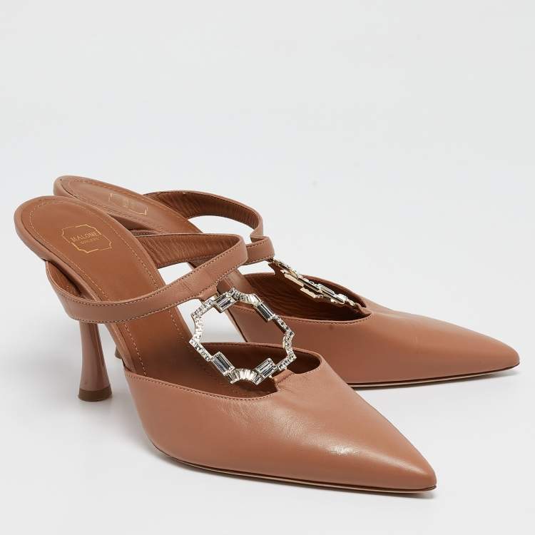 مملوكة مسبقًا Malone Souliers Light Brown Leather Crystal Embellished Mules Size 39