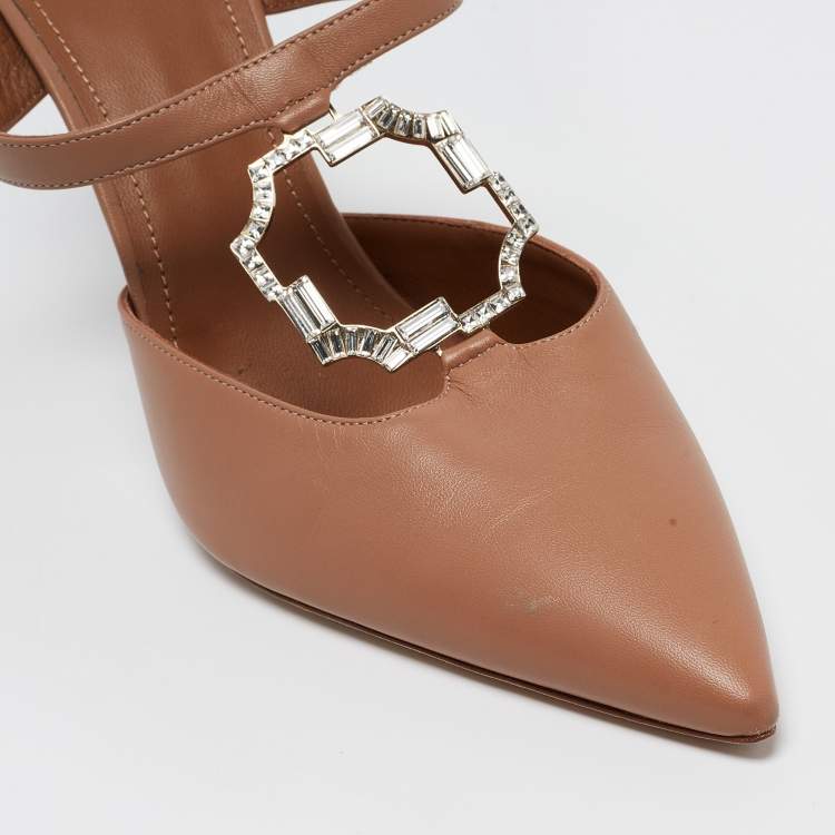 مملوكة مسبقًا Malone Souliers Light Brown Leather Crystal Embellished Mules Size 39