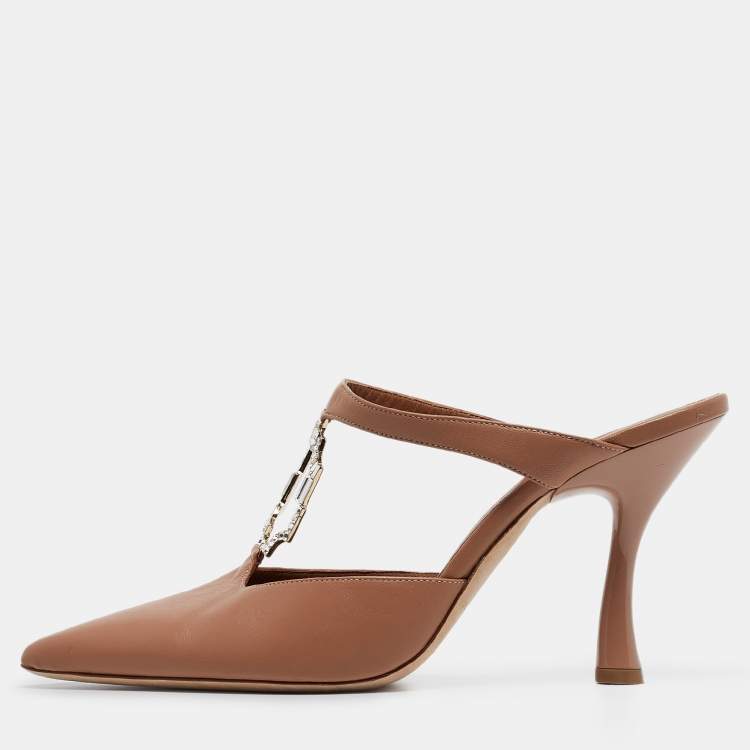 مملوكة مسبقًا Malone Souliers Light Brown Leather Crystal Embellished Mules Size 39