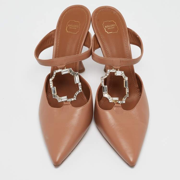 مملوكة مسبقًا Malone Souliers Light Brown Leather Crystal Embellished Mules Size 39