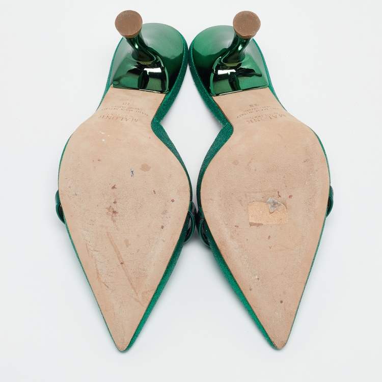 Pre Owned Malone Souliers Green Glitter and Leather Mules Size 38 