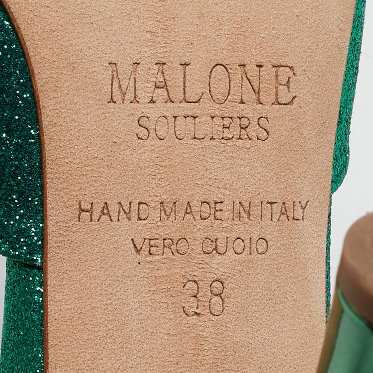 Pre Owned Malone Souliers Green Glitter and Leather Mules Size 38 