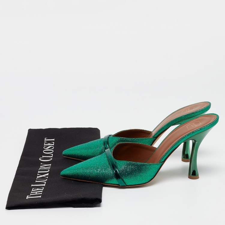 Pre Owned Malone Souliers Green Glitter and Leather Mules Size 38 