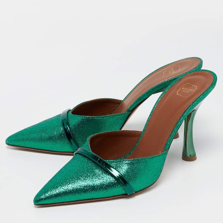 Pre Owned Malone Souliers Green Glitter and Leather Mules Size 38 